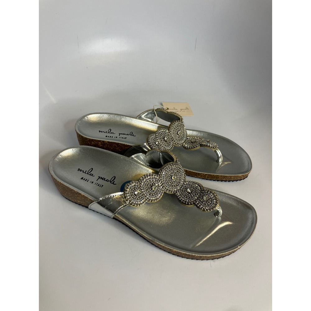 Mila Paoli Thong Sandals Womens 7.5‎ Silver Like New Beaded Italian Cork Wedge